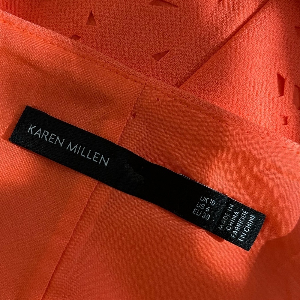 KAREN MILLEN | Shift Cocktail Orange Mini Dress Sleeveless Laser Cut | Size 6 - Picture 8 of 9